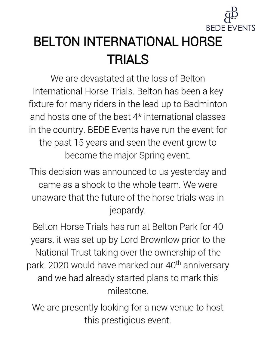 bedeevents's tweet photo. We are devastated at the loss of Belton International Horse Trials. This decision was announced to us yesterday and came as a shock to the whole team.
Our statement is attached https://t.co/BQXj2qQLsU