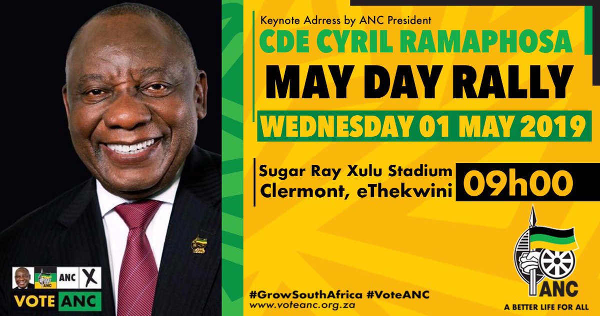 The African National Congress President, Comrade Cyril Ramaphosa, will tomorrow, Wednesday, 1 May 2019, deliver a keynote address at the COSATU May Day Rally, eThekwini.