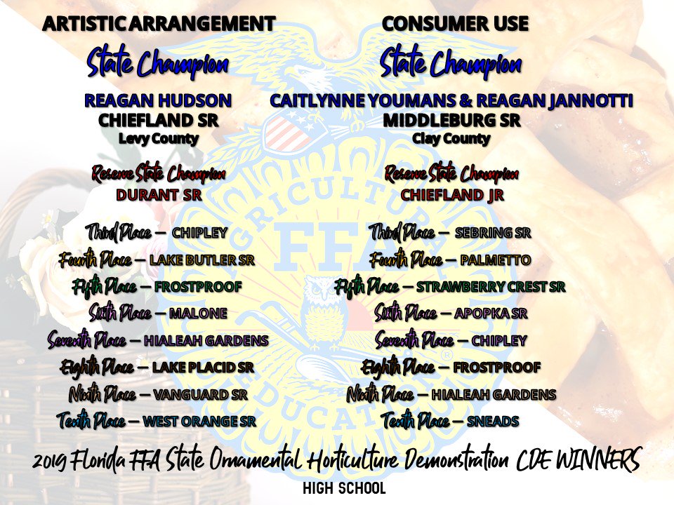 FirstPlaceFla's tweet photo. (1/3) Congratulations to your 2019 @floridaffa State High School Ornamental Horticulture Demonstration CDE winners!

Artistic Arrangement: Chiefland SR
Consumer Use: @middleburgffa

#reMARKableFFA @CMHSffaalumni @oneclayschools @ClayCTE https://t.co/nvVQsN3kXa