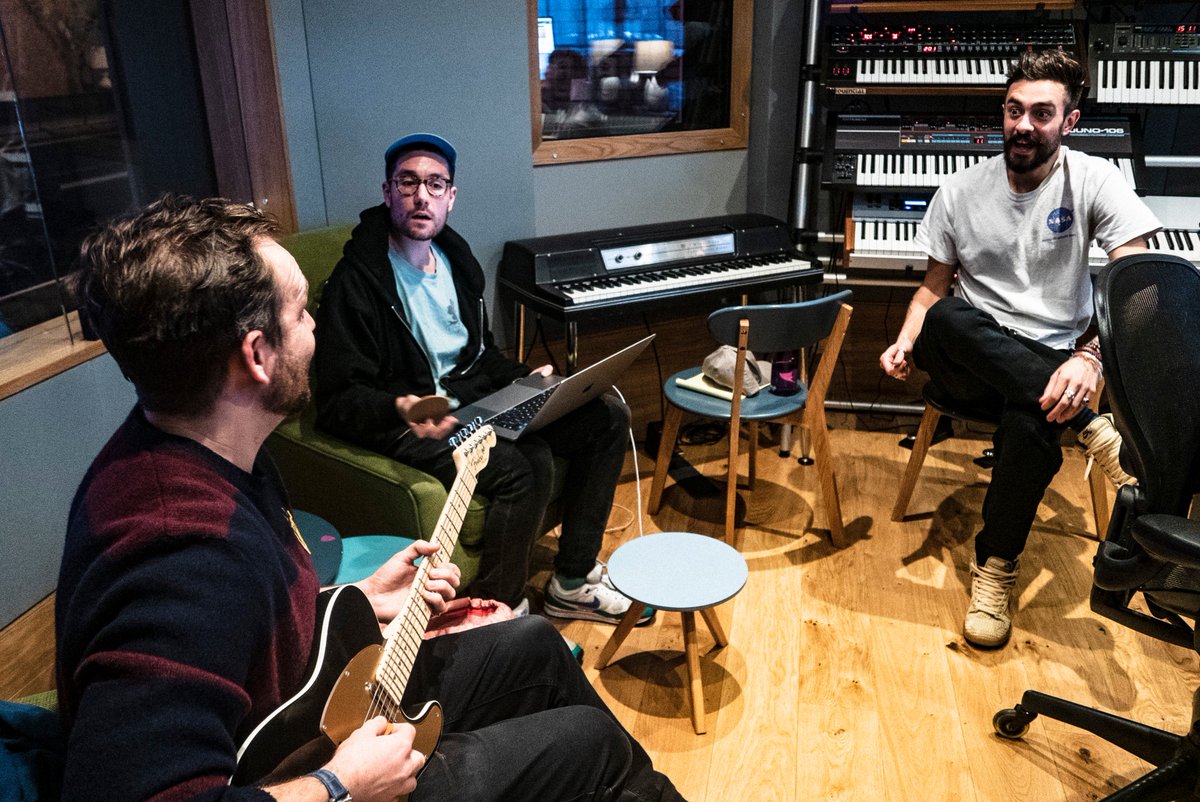 Here’s a photo from the day we recorded “Doom Days” in London. We had a day to record it before the album deadline. Kyle was busy putting down keyboards and Will was recording bass and guitar while I was trying to nail the verses... 
Bastille.lnk.to/DoomDaysVTW