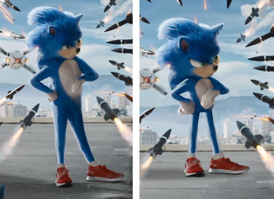 Left is original screenshot. Right is my rework to make #Sonic more stylized.