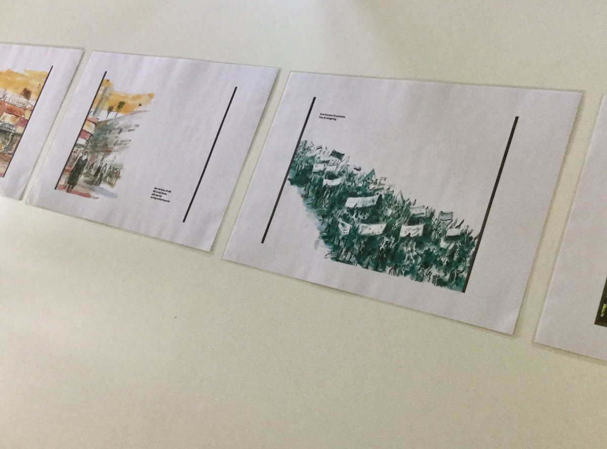 RosiusHanne's tweet photo. Vocational students read or listen (Keynote) the book Sea Prayer by Khaled Hosseini while walking along the wall. They look for beautiful sentences, compare the drawings with real photos of Syria, show their interpretation #keynote #languagelearning #topicality #appleEDUchat #PAV https://t.co/j0xT7q57gw