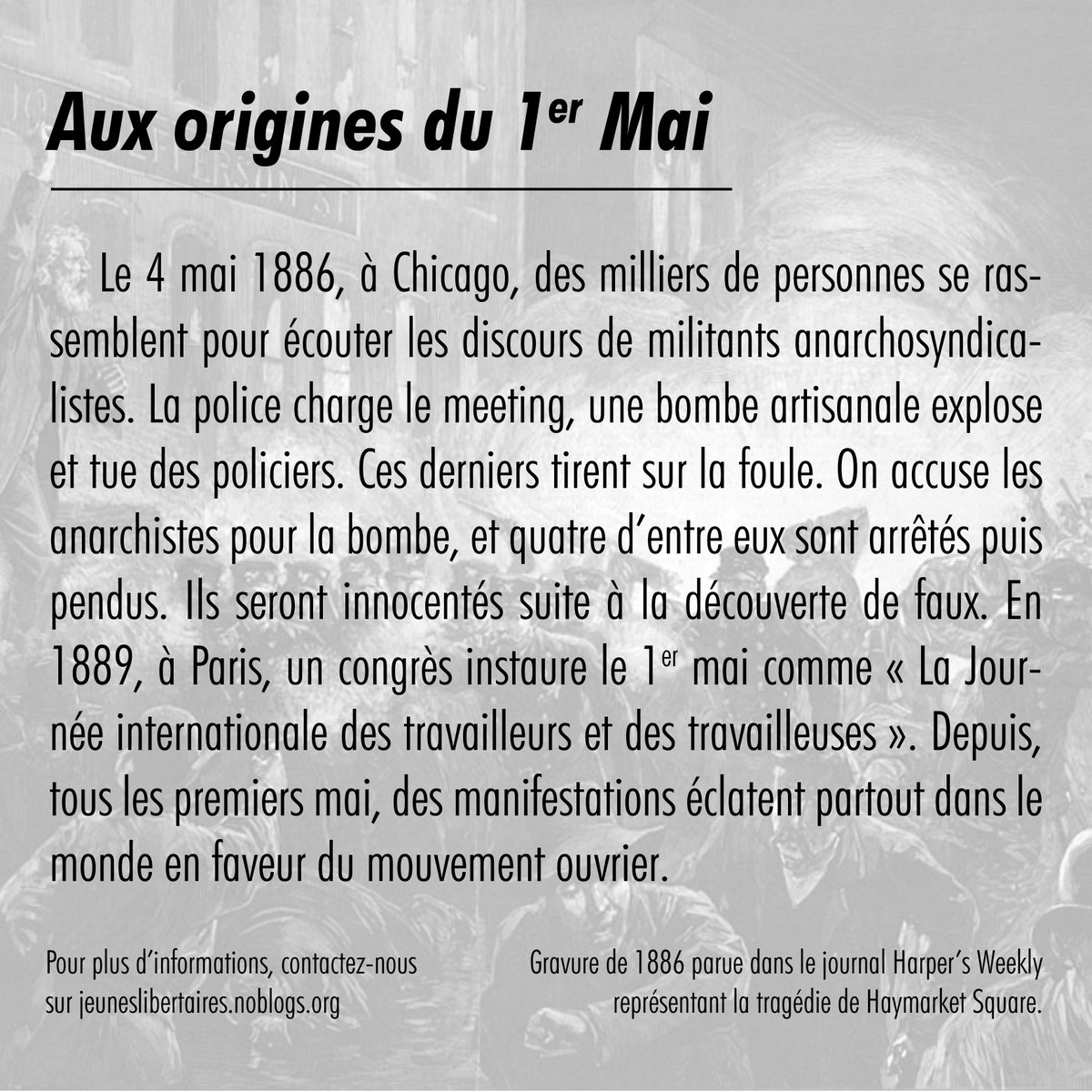 Libertaires_'s tweet photo. Avant de se retrouver demain dans les rues de #Toulouse et celles du #monde entier. Voici une petite piqure de rappel quant à l'origine de ce qui est appelé aujourd'hui en #France la #fetedutravail. Cette tradition du #1erMai a une #histoire toute particulière, on y revient ici. https://t.co/VDcDJi8Htn