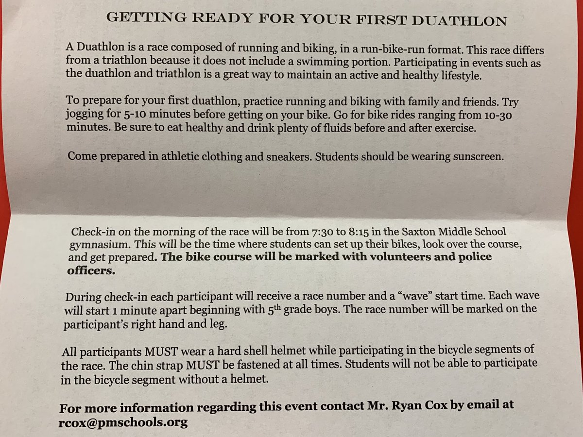 PMcoachGALL's tweet image. PM Elementary Duathalon! Saturday, May 18th, 2019 @SaxtonMiddle Registration @ 7:30am, Duathlon begins @ 8:30am! Register with school P.E. Teachers! @coachcoope @PMEagleES @PatMedSchools @PatMedAthletics