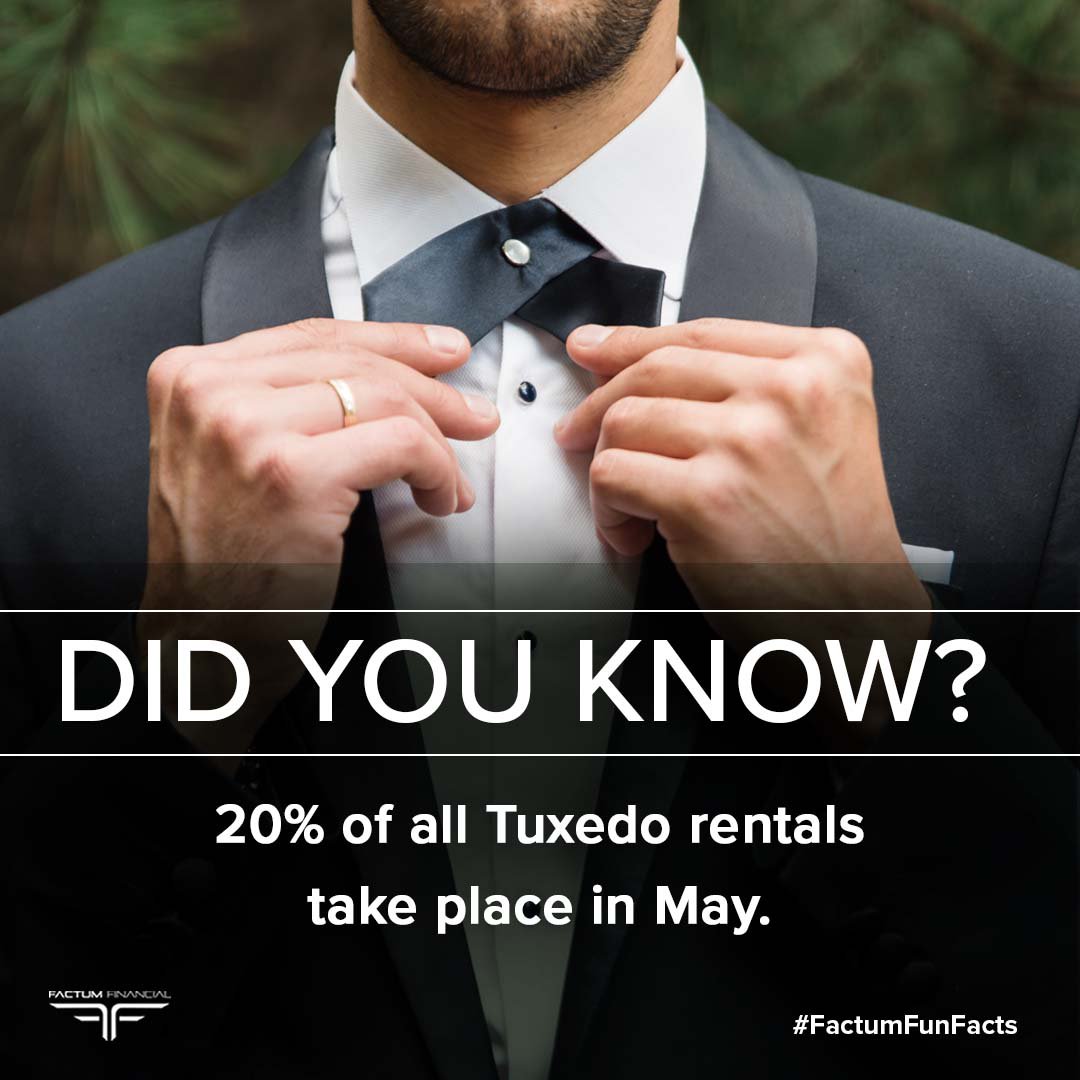 FactumFinance's tweet photo. 20% of all annual tuxedo rentals happen during prom season at the beginning of the month of May and the average cost to rent a tuxedo is $141 dollars.
#becomeyourownbanker #wisdom #wealth #legacy #education #Banking #Finance #FactumFinancial #funfact https://t.co/Syk0yOGlIY
