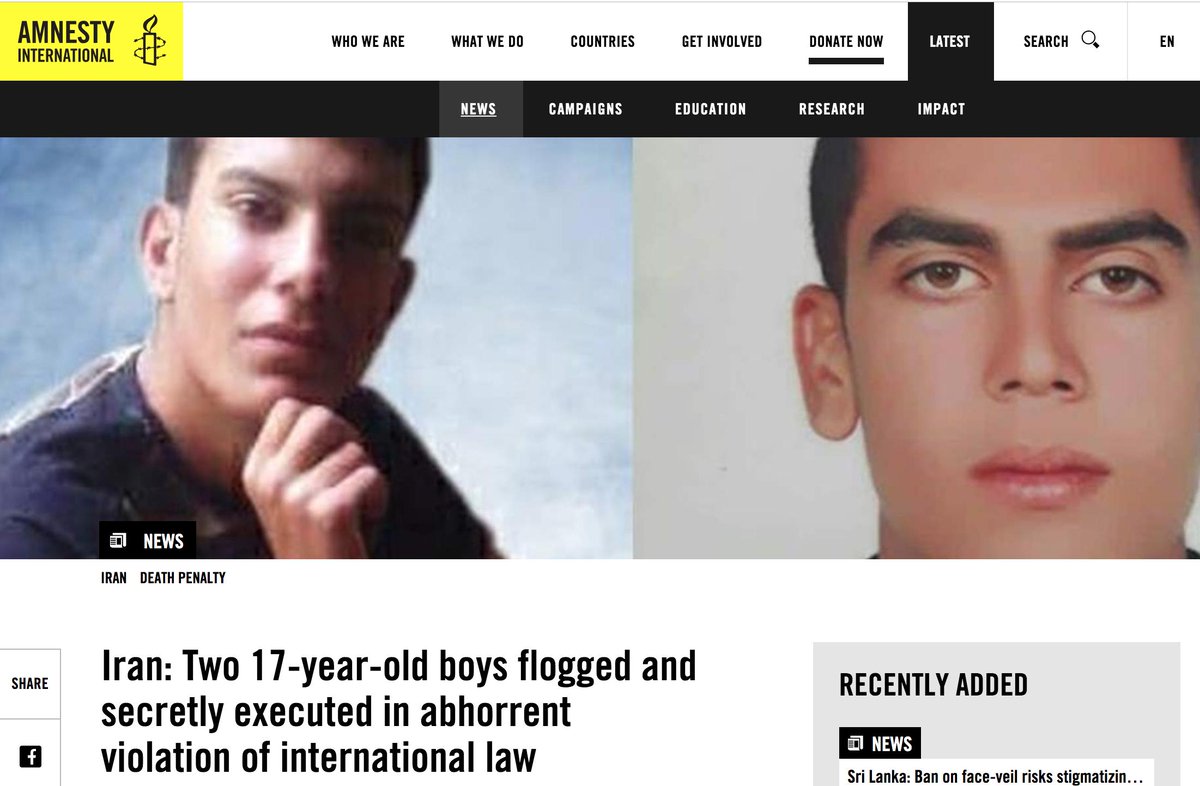 Two Iranian juveniles were lashed and executed this past week. Execution is barbaric enough, but juvenile execution is just unbelievable. It’s against international law and needs to stop! 97 juveniles were executed in Iran between 1990-2018 and there are 90 more on death row.#UN