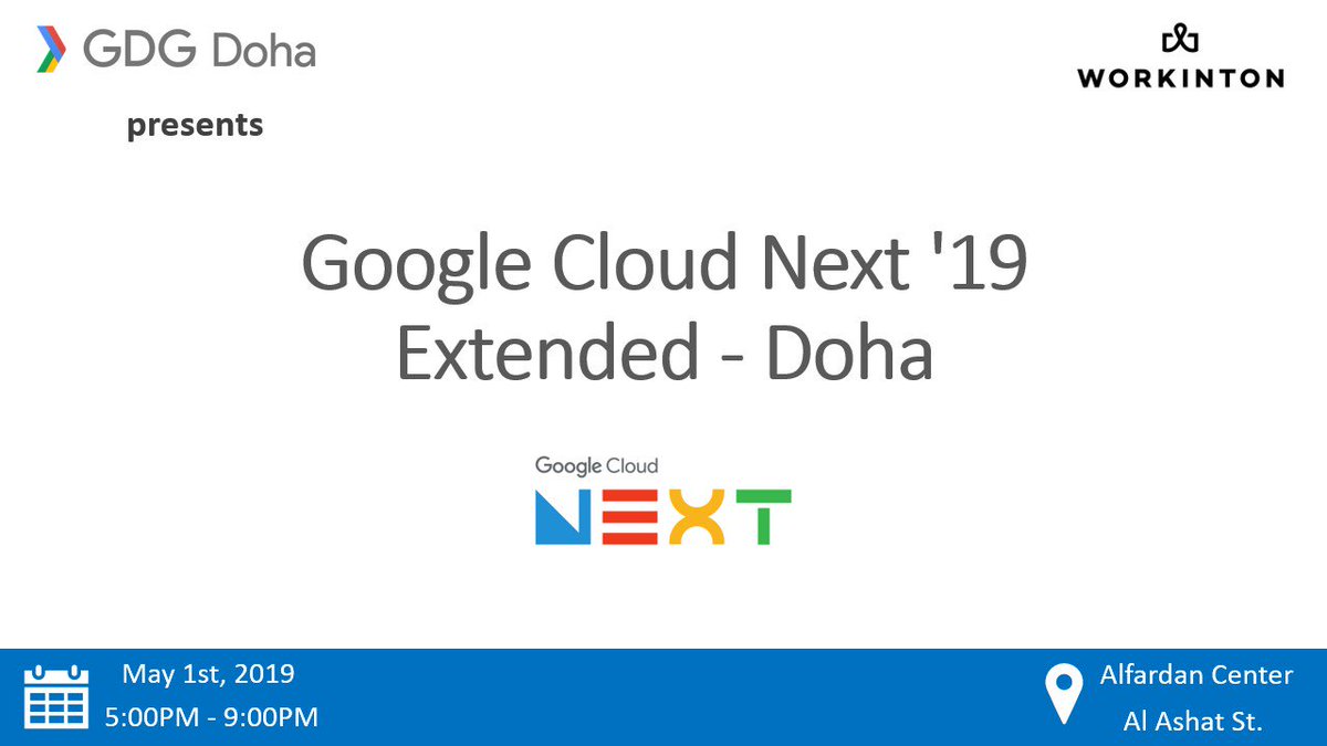 GDGDoha's tweet photo. Come join us tomorrow for the Google Cloud Next '19 Extended - Doha! #Next19Extended #GDGDoha

We will work together to finish 3 essential labs and also get to know Docker!

Don't forget to register at https://t.co/QtgGDuFyhi https://t.co/MQ0PToEZcI