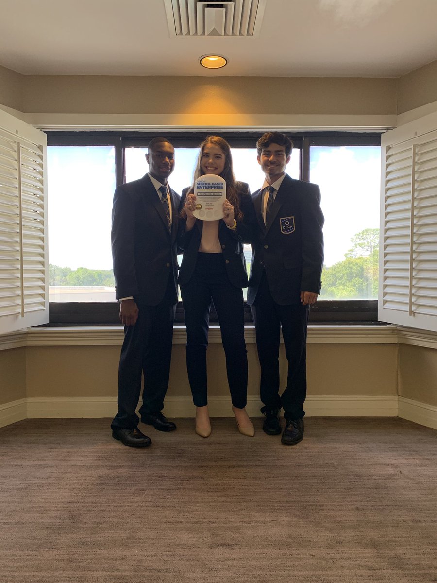 DecaTHS's tweet photo. Our Gold Certified School Based Enterprise Team of Megan Browne, Ty Cali and Al Jercois! #DECAICDC #weareproud @mass_DECA @DECAInc https://t.co/Ddm1jQbQoV