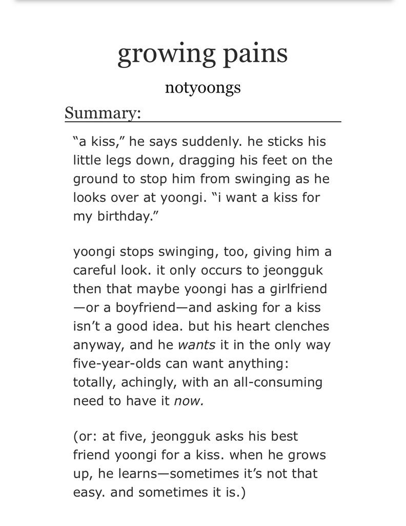 growing pains- yoonkook- childhood friends to lovers au - protect these 2 at all costs - jungoo’s birthday presents uwu- the teeniest bit of angst for like 3 seconds but the rest is fluff fluff fluff https://archiveofourown.org/works/15852312 