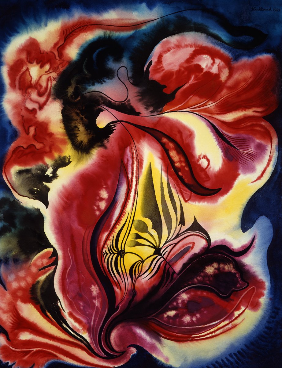 Yesterday our Curatorial team rotated 32 Vance Kirkland watercolors on view with NEW works! Come and see this 1952 example of Kirkland’s vibrant use of watercolor and gouache, “Inventions in Color,” now on view in Watercolor Room 13! #KirklandMuseum #OnView