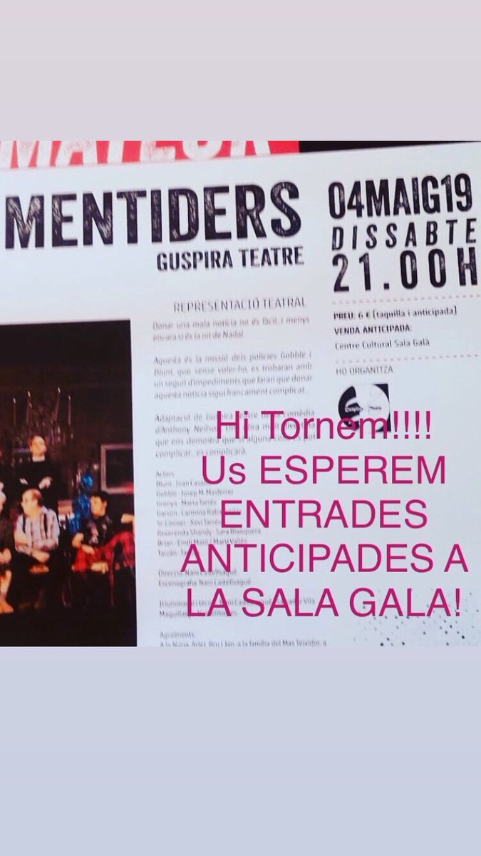 Ja sabeu que AQUEST DISSABTE TORNEM AMB MENTIDERS!!!
Entrades anticipades a la Sala Gala!!!!
Us ESPEREM!