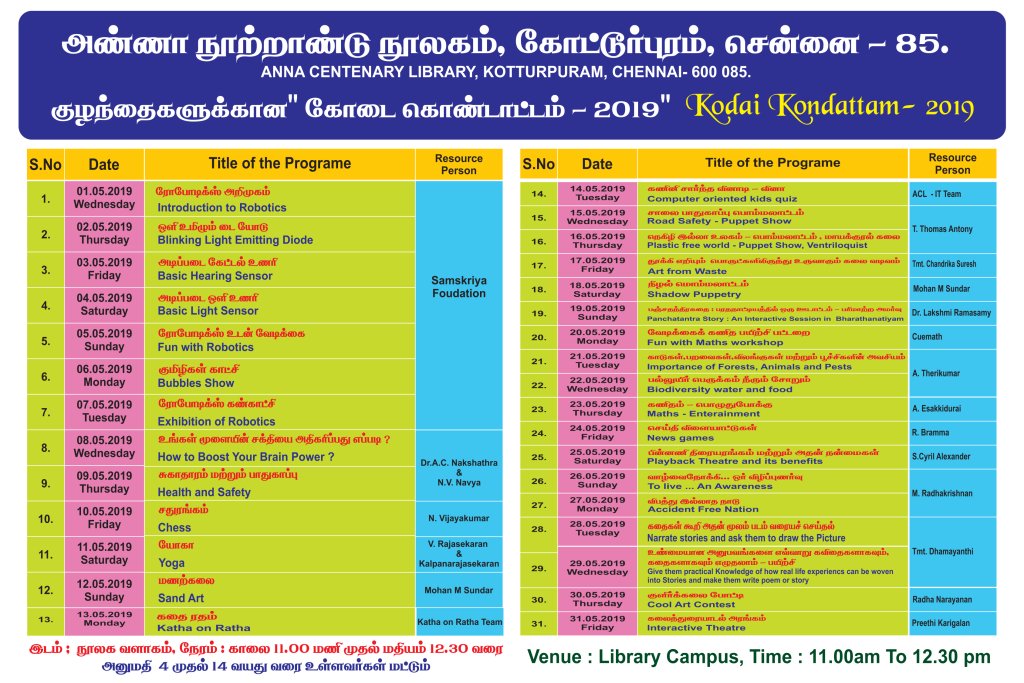 ACLChennai's tweet image. #AnnaCentenaryLibrary will be conducting #ChildrenProgram  &quot;#KodaiKondattam - 2019&quot;  throughout the month of May on various topics. Kindly  participate with your kid(s).  #Entryfree, details visit annacentenarylibrary.org