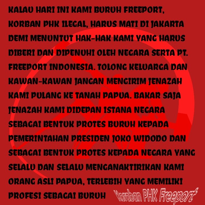 albertsamuel28's tweet photo. Nanti Bakar saja Jenazah kami didepan istana agar @jokowi merasa puas.

#korbanphkfreeport
#8300korbanphkilegalfreeport
#MayDay #MayDay2019 #HariBuruh #LaborDay2019 #LaborDay https://t.co/6N2Lytqk5a