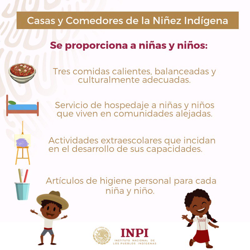INPImx's tweet photo. Las Casas y Comedores de la Niñez Indígena tienen como objetivo apoyar la permanencia educativa de las niñas, niños y jóvenes de los #PueblosIndígenas y Afromexicano, ofreciendo diversos servicios ¡Conócelos! 

#DíaDeLaNiñaYElNiño 👧🏽👦🏽 https://t.co/gT5Bnke0AA