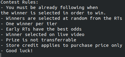cwbreaks's tweet photo. May #Contest to promote the new site: https://t.co/X6pA2Ww4ks
@ 50 RT : $50 store credit
@ 100 RT : $100 store credit
@ 250 RT : $250 store credit
@ 500 RT : $500 store credit
Follow &amp; RT to enter.  See images for full rules. https://t.co/Pj1jni7JIK