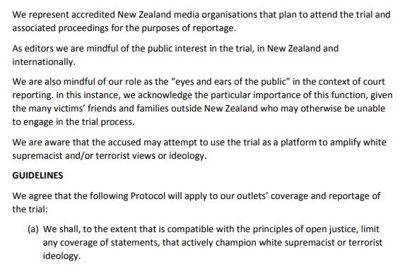toby_etc's tweet image. Editors of NZ's five biggest news media companies have agreed a protocol for reporting trial of accused in Christchurch mosque shooting.