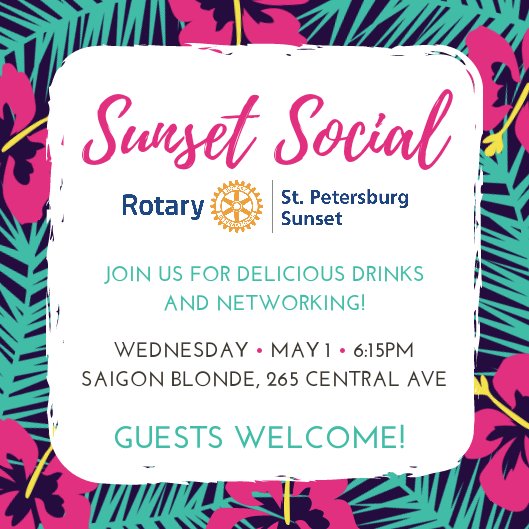 SunsetRotary727's tweet image. We hope to see you tomorrow evening! 🤝🍹🤝🍹
#StPeteSunsetRotary #NetworkingForGood #PeopleOfAction #Rotarians #DTSP #StPetersburg #StPete #Social #SaigonBlonde #Cocktails #CentralAve #May1