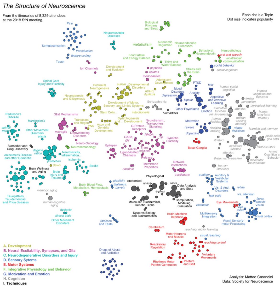 Matteo Carandini (@matteocarandini) on Twitter photo What is the structure of neuroscience? I analyzed thousands of itineraries at the last SfN meeting (anonymized). Here is the resulting t-Sne map of the Topics. High res version and code: 10.6084/m9.figshare.8061401.
Huge thanks to <a href="/SfNtweets/">Society for Neuroscience (SfN)</a>. Paper soon out at <a href="/NeuroCellPress/">Neuron</a>. What is the structure of neuroscience? I analyzed thousands of itineraries at the last SfN meeting (anonymized). Here is the resulting t-Sne map of the Topics. High res version and code: 10.6084/m9.figshare.8061401.
Huge thanks to <a href="/SfNtweets/">Society for Neuroscience (SfN)</a>. Paper soon out at <a href="/NeuroCellPress/">Neuron</a>.