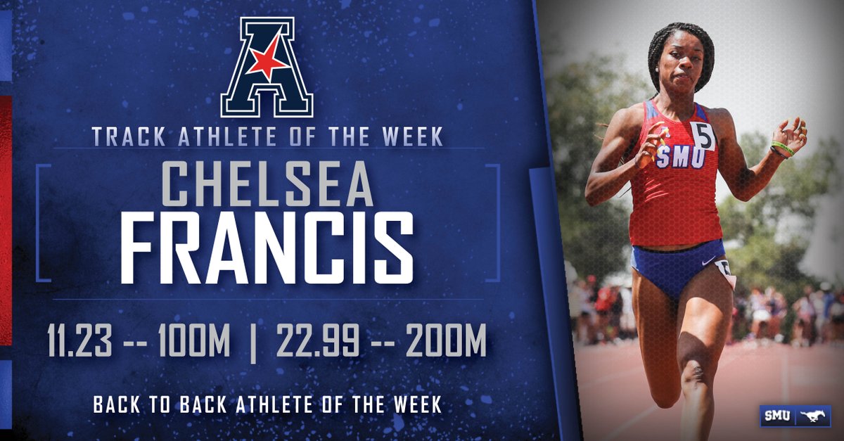 SMUTrackAndXC's tweet photo. Chelsea Francis Named #AmericanOTF Athlete Of The Week for the second week in a row🏆🏆! The junior holds the conference's best times in the 100Ⓜ️ and 200Ⓜ️!

https://t.co/2IpSgxSeBs https://t.co/ihJ8Cy7j04