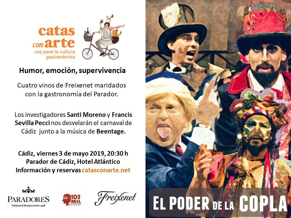 CatasconArte's tweet photo. 📢El poder de la copla Viernes 3 Mayo. Cena maridaje tematizada con vinos de @freixenet #Burbujas #Gastronomia #arte @paradores #Cádiz @1d3milhistorias #Beentage 🥂🍲🎸
🥳Cuándo surge el #carnaval de Cádiz?
🥁¿La copla es arte?
+Info y reservas: https://t.co/mBk6LN88Xi https://t.co/QdHxiy0BCk