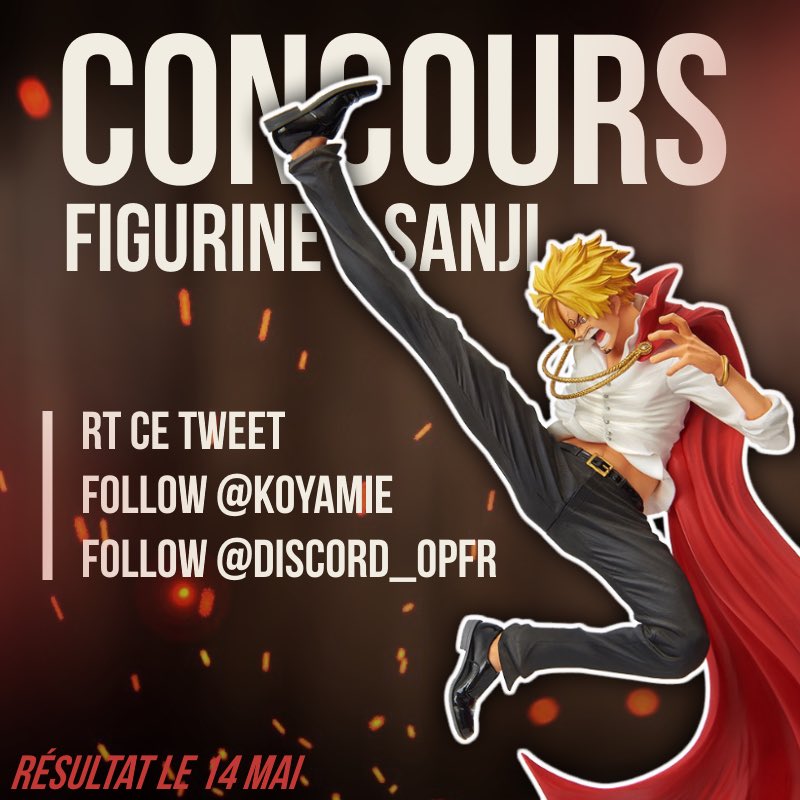 Koyamie's tweet photo. #Concours One Piece 🏴‍☠️

Pour fêter les 10,000 membres sur mon serveur Discord, tentez de gagner la figurine One Piece Sanji BWFC qui sort prochainement !

Pour participer :
1️⃣ - RT ce tweet
2️⃣ - Follow @Koyamie 
3️⃣ - Follow @Discord_OPFR 

Tirage le 14 Mai, bonne chance à tous ! https://t.co/2xjv5Z7eki
