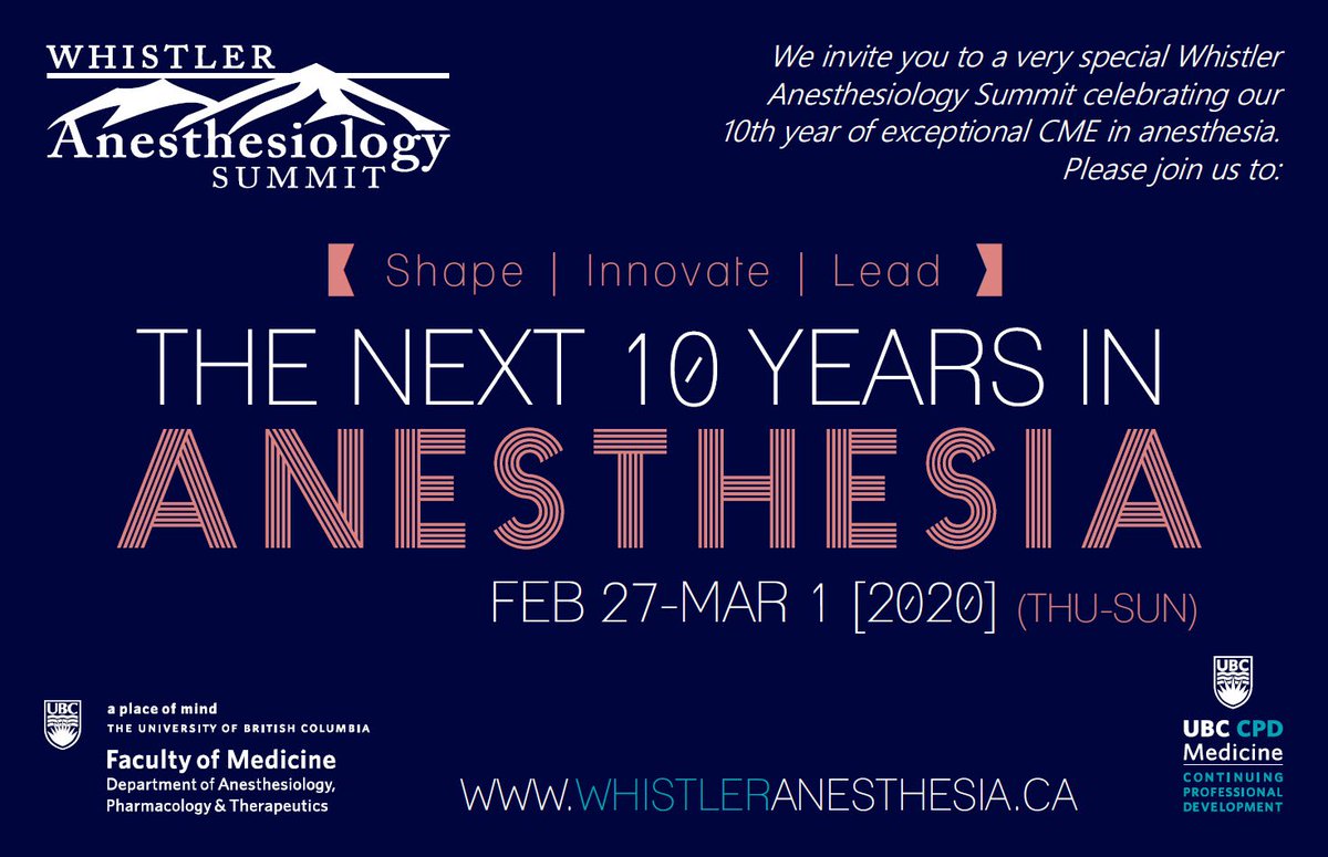 WhistlerAnesth's tweet photo. In case you haven't heard...
#WAS2020 is celebrating its 10th year delivering unparalleled CME in anesthesia! In celebration, we are putting together an AMAZING program, and we have a few fun surprises planned, so mark your calendars: FEB 27 - MAR 1, 2020! https://t.co/jUJt9BBxVL