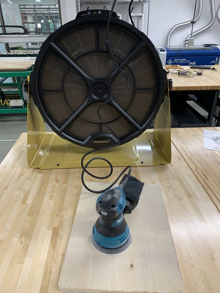 New portable dust filtration unit in the #makerspace is pretty sweet. Make any table a sanding station then store out of the way when done. @powermatic @woodcraft
