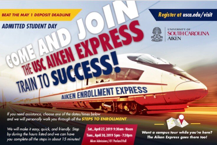 Your ⁦<a href="/USCAiken/">USC Aiken</a>⁩ Admissions team is here til 7:30 pm to help you activate your tech accounts, submit your #enrollmentdeposit &amp; beat the #May1 priority deadline. Can’t make it to campus? Call us at 803-641-3366 or email admit@usca.edu. #ChooseAiken #Classof2023 #college