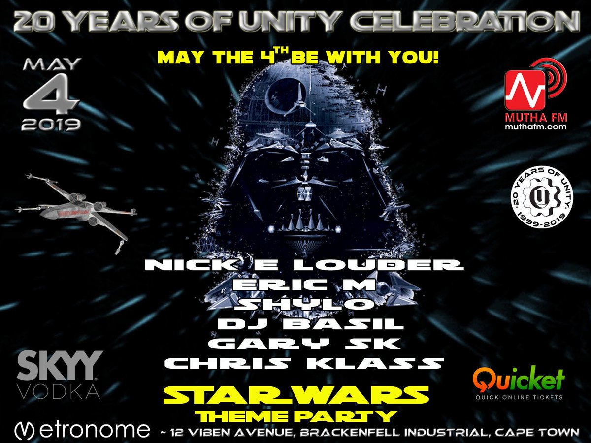 UnityClubSA's tweet photo. Oi! Oi! The planets and stars are all falling into place for Saturday the 4th of May for our 20 Year celebration theme party, we have gone all out for this event and we hope you come and indulge in the fun with Star Wars theme and dress up :) https://t.co/SJo7LT6M9N