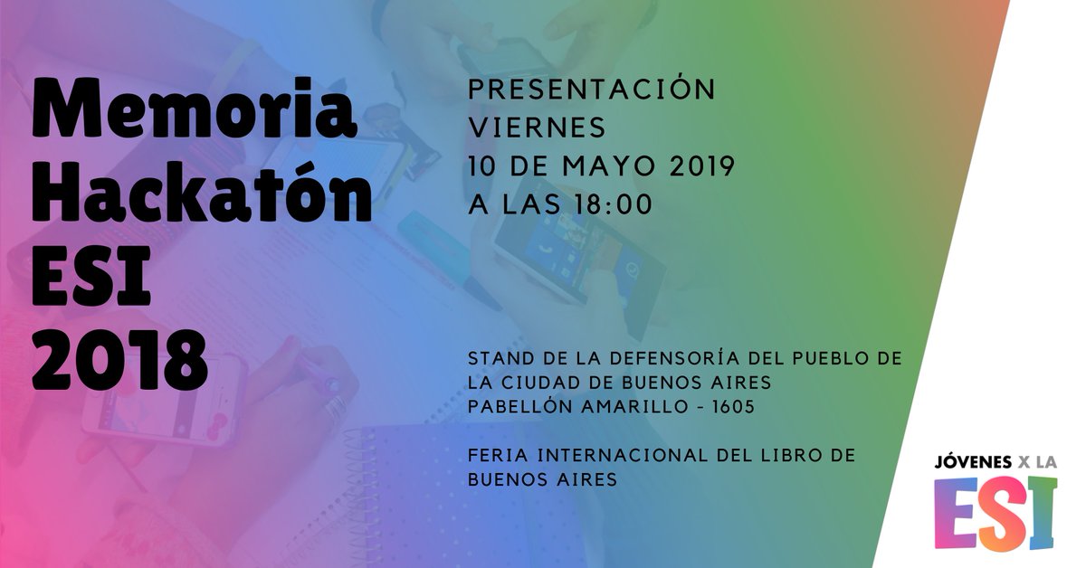 Te esperamos en la @ferialibro para la presentación de la Memoria del Hackatón Jóvenes x ESI. Participarán ONGs y juventudes políticas.

📅 Viernes 10 de mayo 18 hs
📍Stand de la <a href="/DefensoriaCABA/">Defensoría del Pueblo CABA</a>. Número 1605 - Pabellón Amarillo