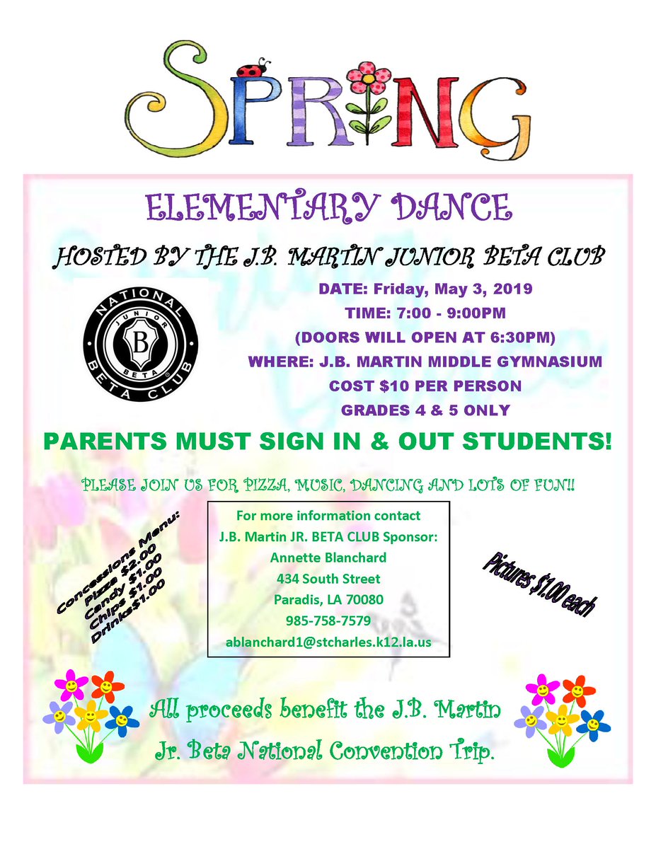 JBM_Cougars's tweet photo. Hey Parents! Need something to do with your 4th or 5th grader Friday, May 3, 2019? We have just the thing for that;......the #JBMBetaClub is hosting an #ElementaryDance for students. Bring them by for a cool time and lots of fun! 🕺💃🥳🎉👩🎤👨🎤🎼 https://t.co/yzXq2n9jQe