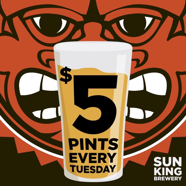 sunkingspirits's tweet photo. $5 pints on select Sun King beers every Tuesday at Sun King Spirits (and all other Sun King locations)! 

🍻We'll be seeing you after work.🍻

#sunkingbrewery #dollaroffpints #dollarofftuesday https://t.co/0aq9n3TQSj