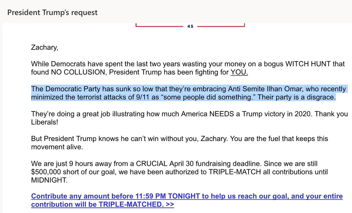Trump continues to bash "Anti Semite Ilhan Omar" in his fundraising emails.