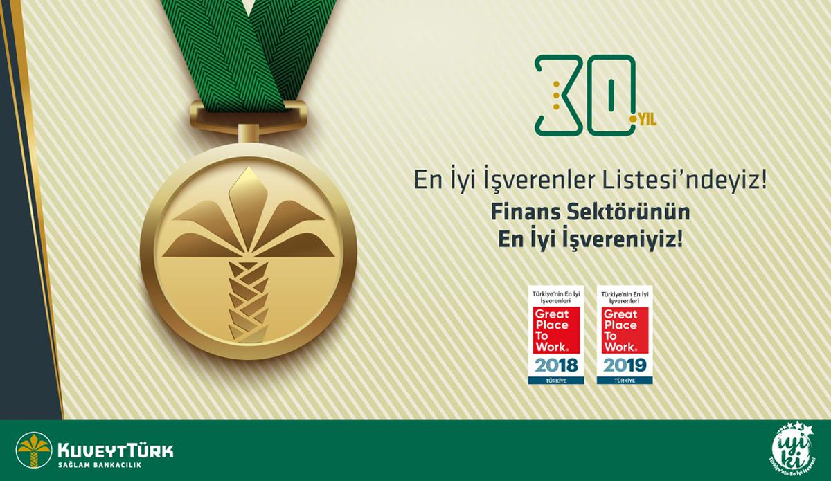 GPTW Enstitüsü tarafından her yıl farklı sektörlerden farklı büyüklükteki şirketlerin katılımıyla hazırlanan Great Place To Work "En İyi İşverenler" Listesi’nde iki yıl üst üste yer almayı başardık. 
 #eniyiişverenler #greatplacetowork #İyiKi #KuveytTürk