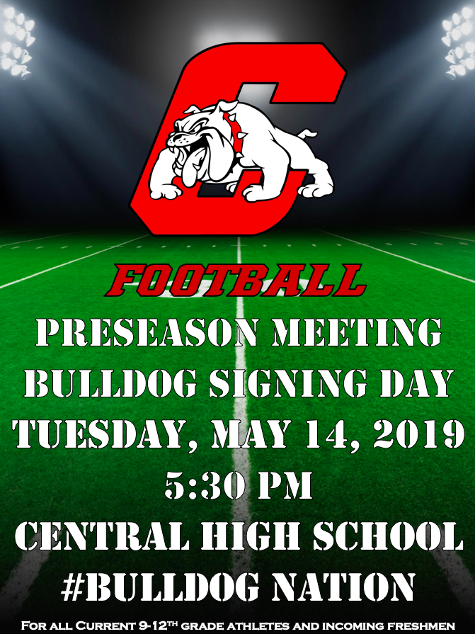 Happy Twitter Tuesday #BulldogNation!
In 2 weeks...
Football preseason meeting
Tue. May 14 @ 5:30 PM
Central High School - Commons
See you there!!
<a href="/CentralBulldog/">Central High School</a> <a href="/Central_AD/">Central (SPFD) High School Athletics</a> <a href="/PipkinR12/">Pipkin Middle School</a> <a href="/westportcats/">Westport Wildcats</a> <a href="/WPCatAthletics/">Westport Wildcat Athletics</a>