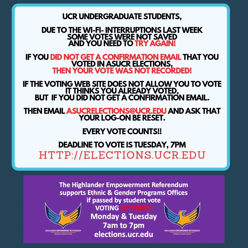 casadeucr's tweet photo. ‼️FRIENDLY REMINDER THAT TODAY IS THE LAST DAY TO VOTE ‼️

Online polls will be closing at 7PM TONIGHT! Please make sure to vote if you haven’t already. We got this Highlanders!! 🐻🍊 https://t.co/B44EKFdv96