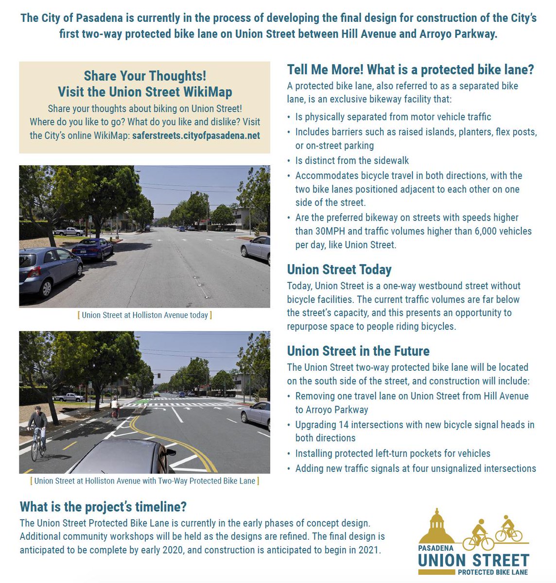 📢 YOUR input needed Thu 5/2! Special public workshop for what could become the SGV's first, on-street, two-way protected bike/rollway!!! 🚲🛹🛴

Drop-in format, short presentation at 6:30pm. 

Project info: saferstreets.cityofpasadena.net/pages/union-st… #bikeLA #rollLA