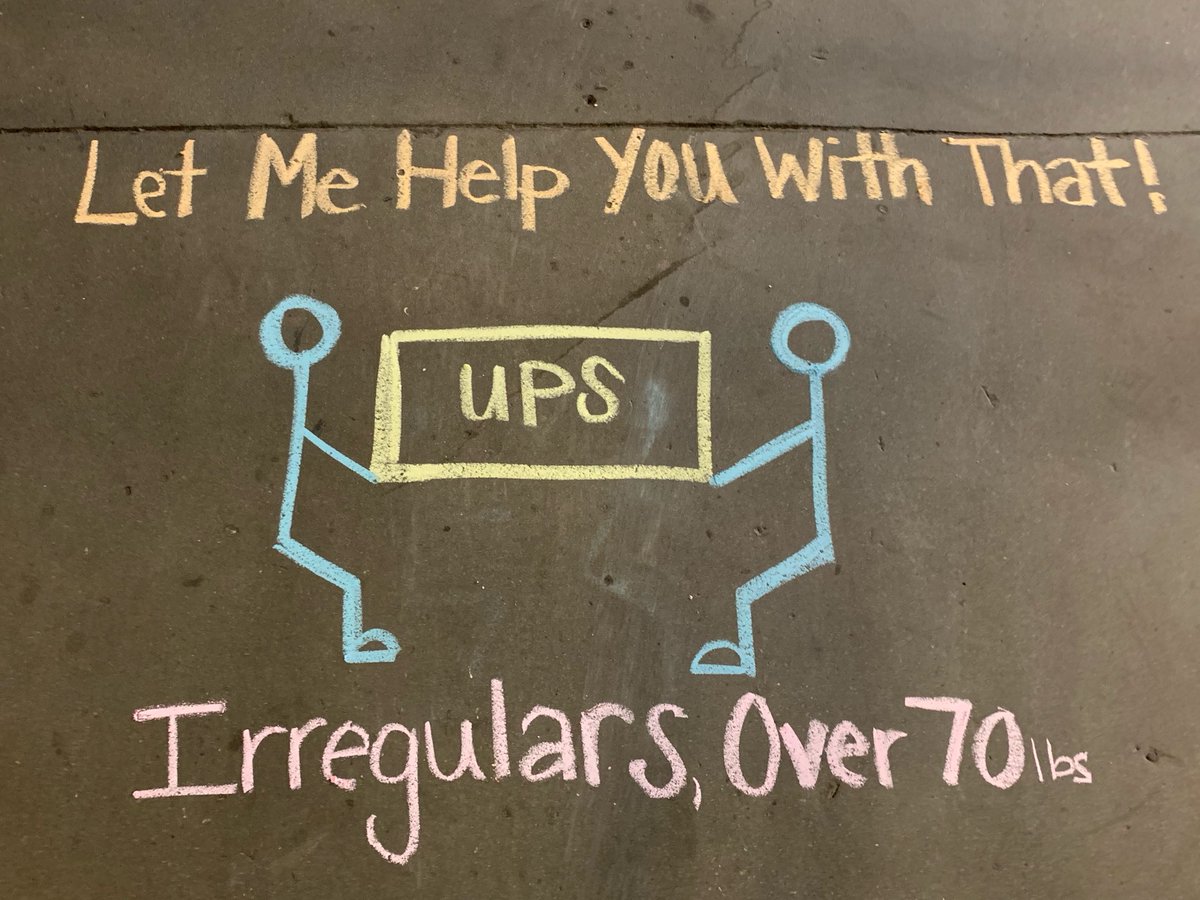 SarasotaUps's tweet photo. This weeks chalk talk safety tip “Let me help you with that.” ☺️⛑📦Irregulars, over size, over 70lbs! Ask for assistance, ask someone else if they need assistance! 👏🏼🙌🏼👫 #safety #letmehelpyouwiththat #ups #UPSers #sarasotaups @UPSers @BrianCo40070698 @UPS @JuanGallegoUPS https://t.co/7jwOQembPV