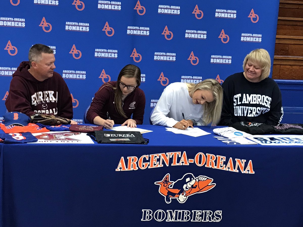 Congratulations to @mdancer4267 signed with <a href="/stambrose/">St. Ambrose University</a> dance and <a href="/makhollon/">MaKennah Hollon</a> signed with 
<a href="/EurekaCollege/">Eureka College</a> softball. 
#WEareAO #BOMBERPRIDE