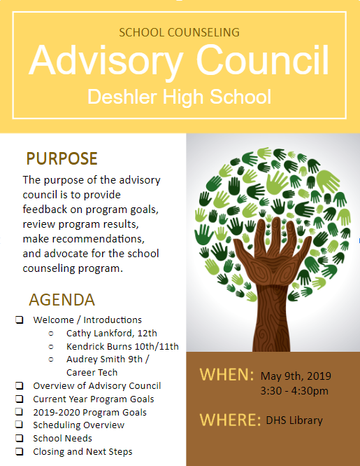 CounselorASmith's tweet photo. Would you like to be a part of Deshler's Counseling Advisory Committee?  Please RSVP for our upcoming meeting on May 9th to asmith@tuscumbia.k12.al.us. https://t.co/DEk93nOvfk
