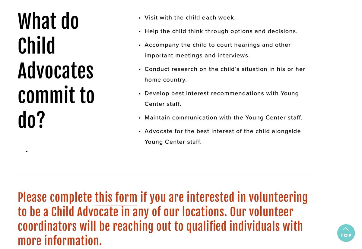 16. Young Center for Immigrant Children's RightsHuman rights center that offers attorneys and social workers to act as advocates for the child's best interests in immigration court. They need volunteers and donations. https://www.theyoungcenter.org/volunteer-at-the-young-center