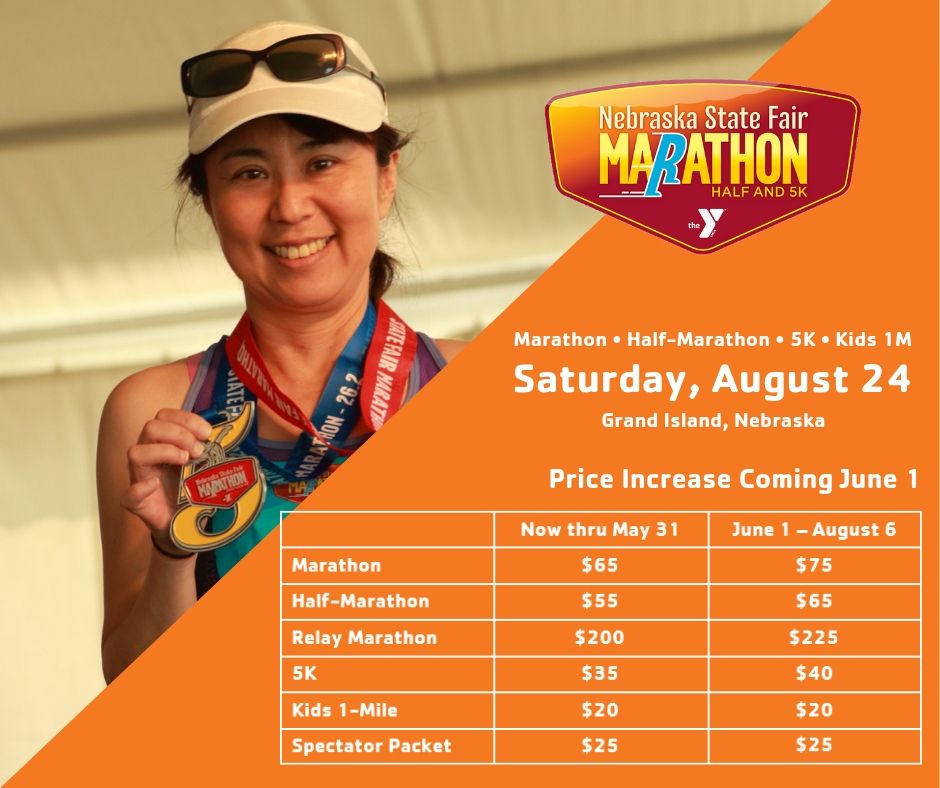 NEstatefairrace's tweet photo. Nebraska State Fair Marathon registration is open. Sign up before May 31 to avoid the rate increase. See you at the Fair! #statefairmarathon #giymca #nestatefair https://t.co/qtw9UlJpav