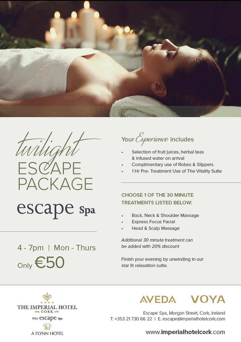 EscapeSpaCork's tweet photo. Need a treat after work? Check out our new Twilight Escape Package available from 4-7pm Monday to Thursday for only €50! 
Call us on 0217306622 to book 📞 https://t.co/711B78ltqB