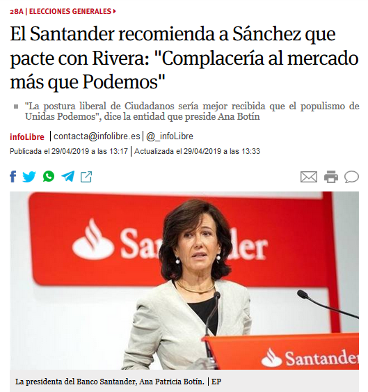La banca ya está presionando a Sánchez para que pacte con Rivera. 
Cabe recordar que el Santander controla la deuda de PP, PSOE y C's.  La señora Botín no se presenta a las elecciones, pero controla gran parte de la política española. Ahí tenéis vuestro "voto útil a la izquierda"