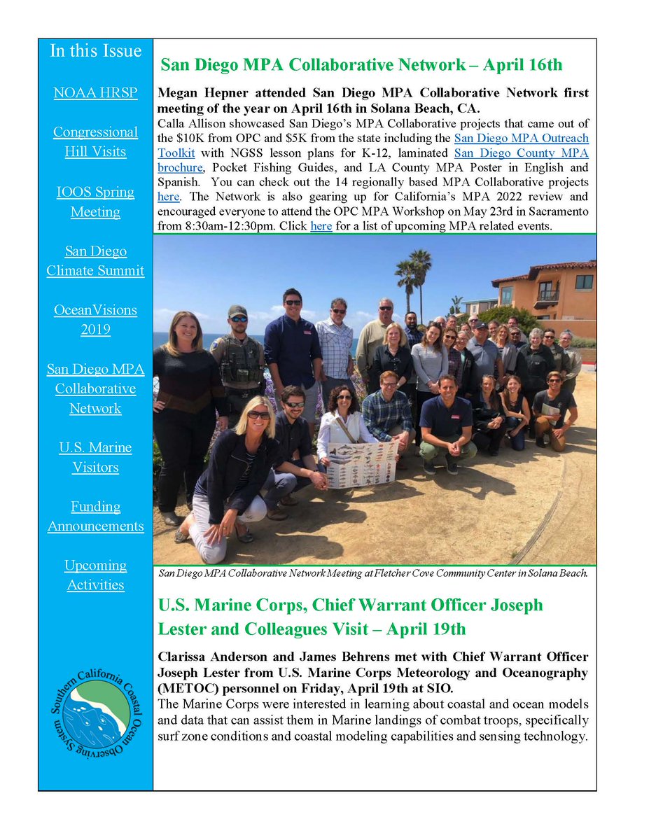 SCCOOS_org's tweet photo. @SCCOOS_org March-April Newsletter
Happy Reading!
https://t.co/8csJ03STmQ
#OceanVisions2019 #SanDiegoClimateSummit #MPACollaborative #IOOS #MarineCorps #HillVisits https://t.co/9cHP400Ygg