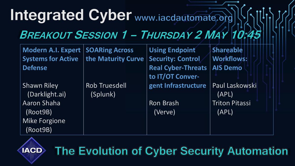 IACD_automate's tweet photo. The #IntegratedCyber conference starts this Thursday. Check out the schedule and breakout sessions led by our excellent collaborators. If you're not registered yet, do so here: https://t.co/9yC5fyjLEt Be there May 2-3 to support the #IACD community. #cybersecurity #cyberdefense https://t.co/lneGe1wZaa