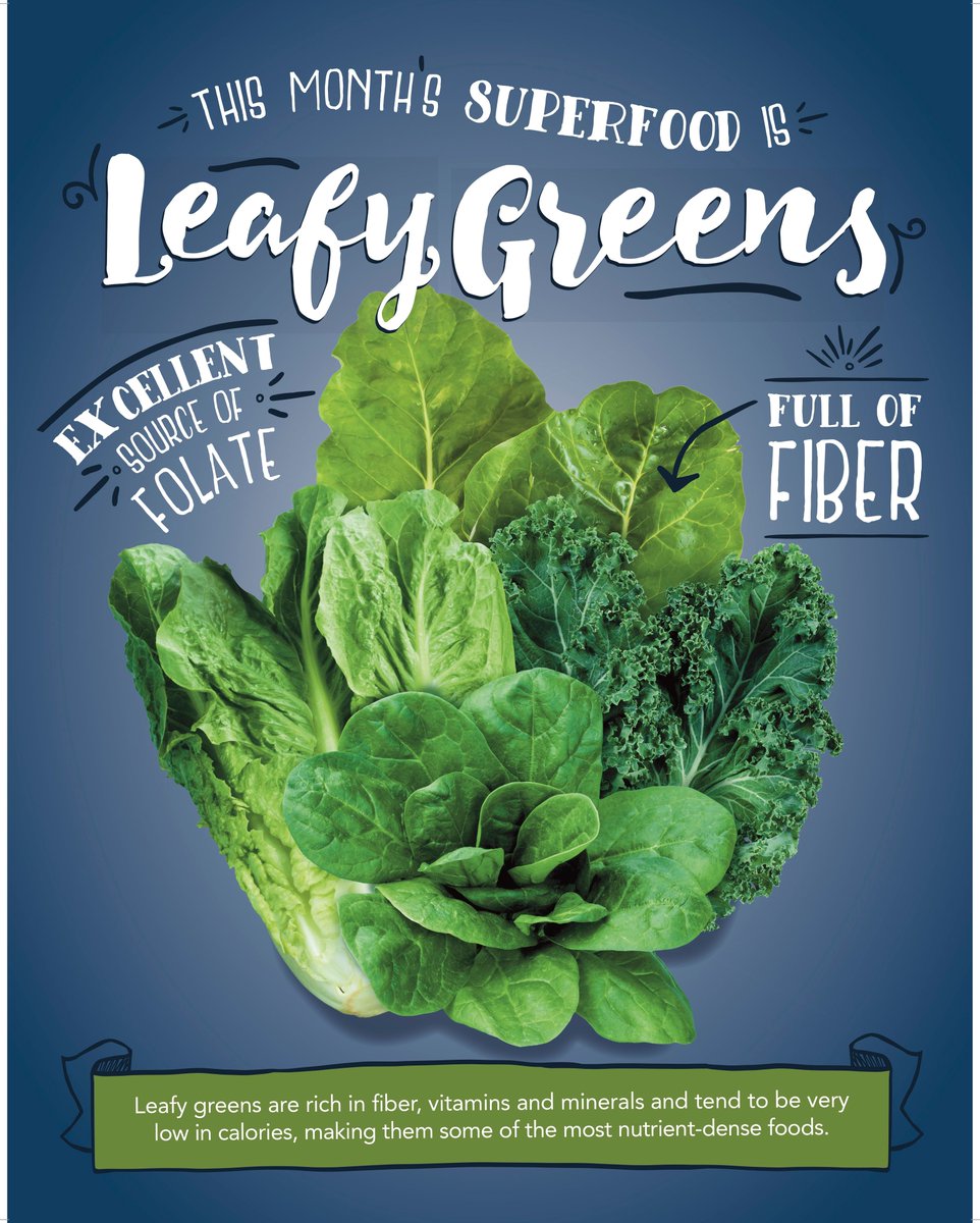 This months superfood is Leafy Greens! Leafy greens are packed full of vitamins C, K, and A! They are a great source of fiber and promote proper digestion as well as bowel and heart health! Be sure and add leafy greens to your diet this month!