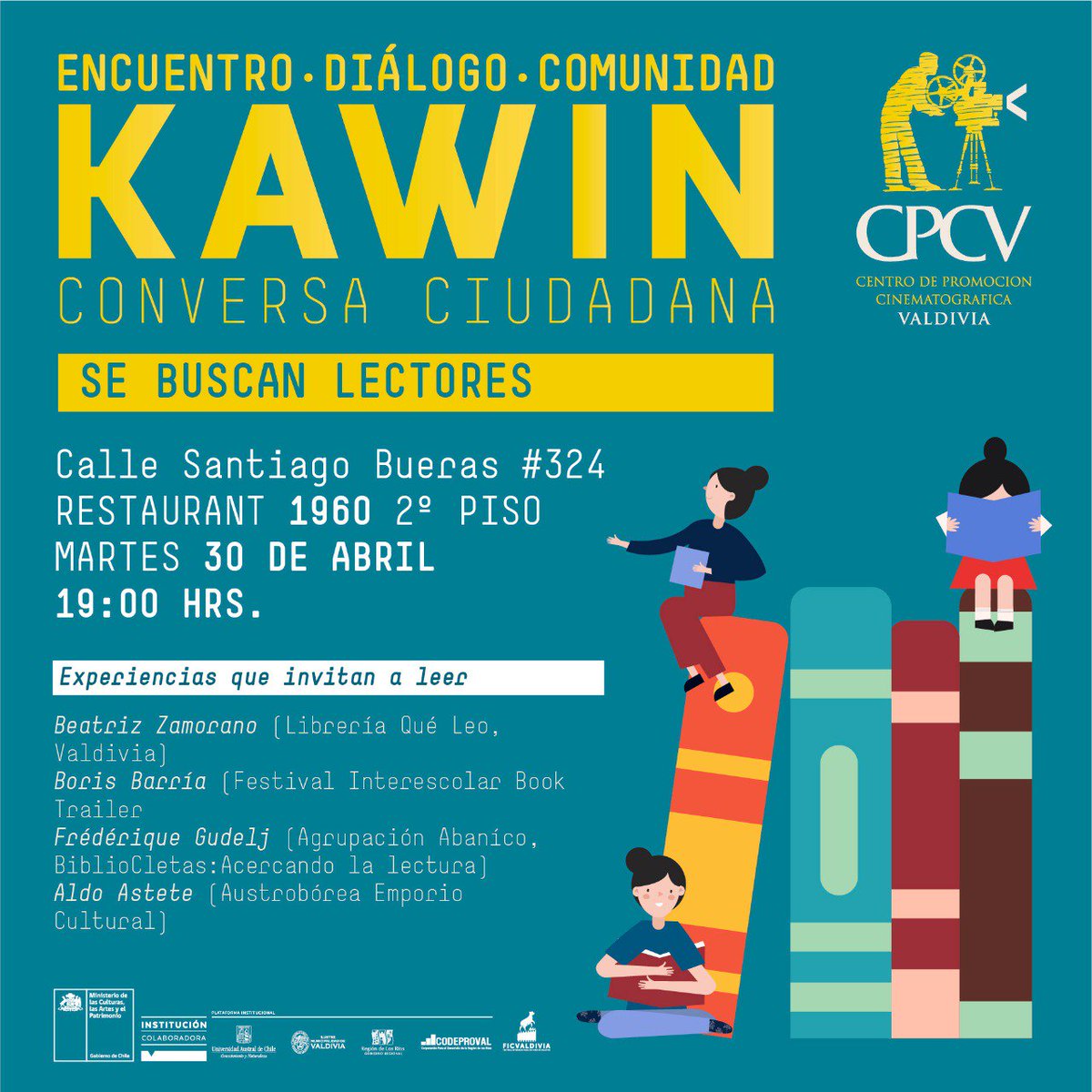 MuseosLosRios's tweet photo. En el #MesDelLibro el Centro de Promoción Cinematográfica de #Valdiviacl invita a toda la comunidad al primer encuentro de diálogo ciudadano del año, #KAWIN, el cual tratará sobre el fomento lector.
La actividad se realizará hoy a las 19 hrs en el segundo piso del Restaurant 1960 https://t.co/EXrZxgnXqj