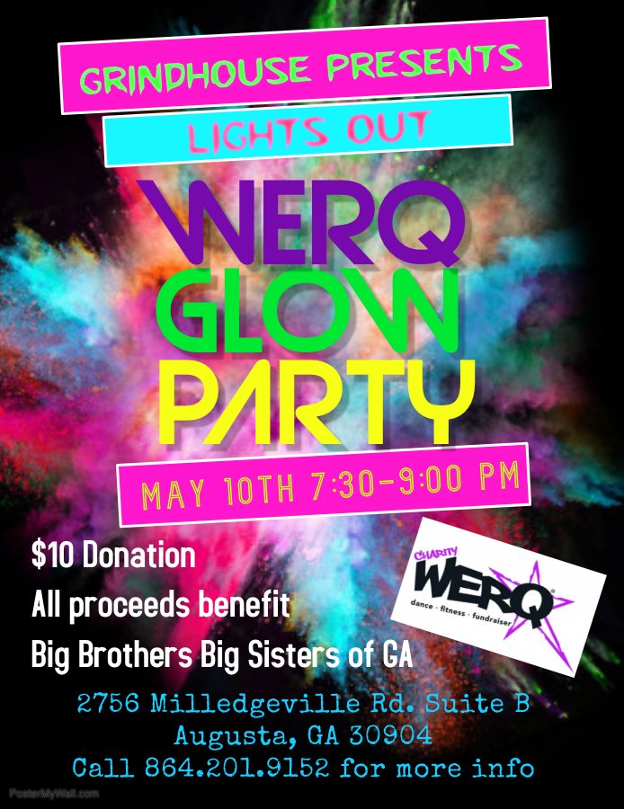 WERQfitness's tweet photo. May is bringing some awesome WERQ events including WERQrep Brandy Ramey's charityWERQ event for Big Brothers Big Sisters.
Augusta, GA, get your best florescent outfits ready and get ready to WERQ!
#WERQ #WERQit #WERQlikeaboss #WERQga #georgia #ga #glowWERQ #charityWERQ #BBBS https://t.co/jSCJvP2ID2