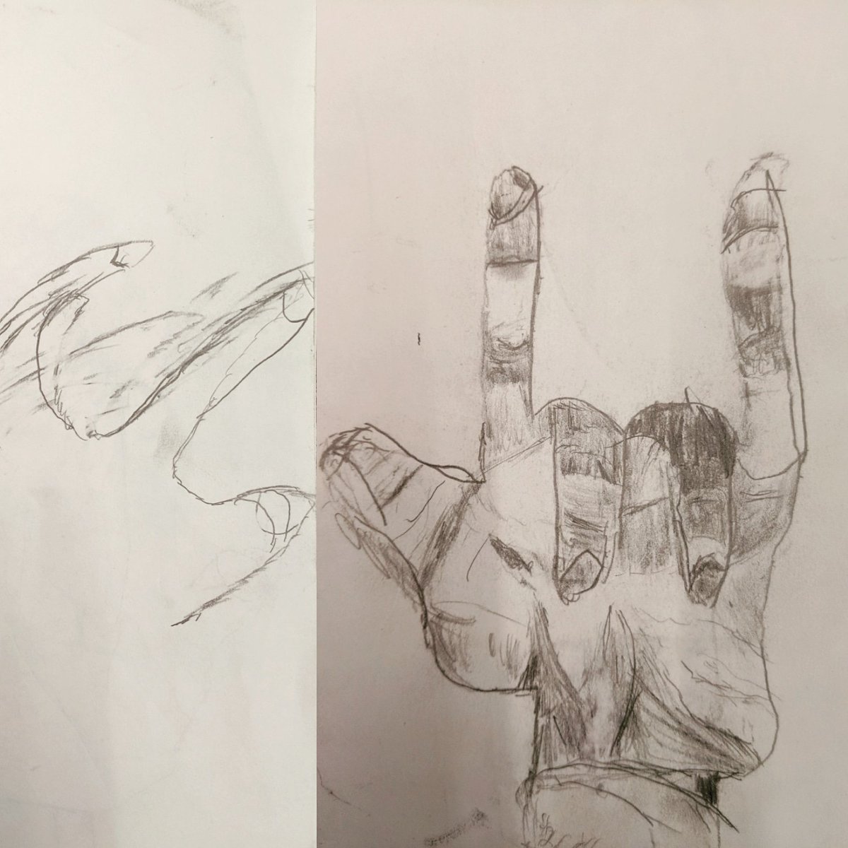 Studio4DatFRHS's tweet photo. One on left August 2018 one on right May 2019. So to be clear this student went from not very confident to #egonschiele over the course of my #introtoart class #proudteacher #studio4datfrhs #artatfrhs #nashvillearted https://t.co/W09tTUJUD2